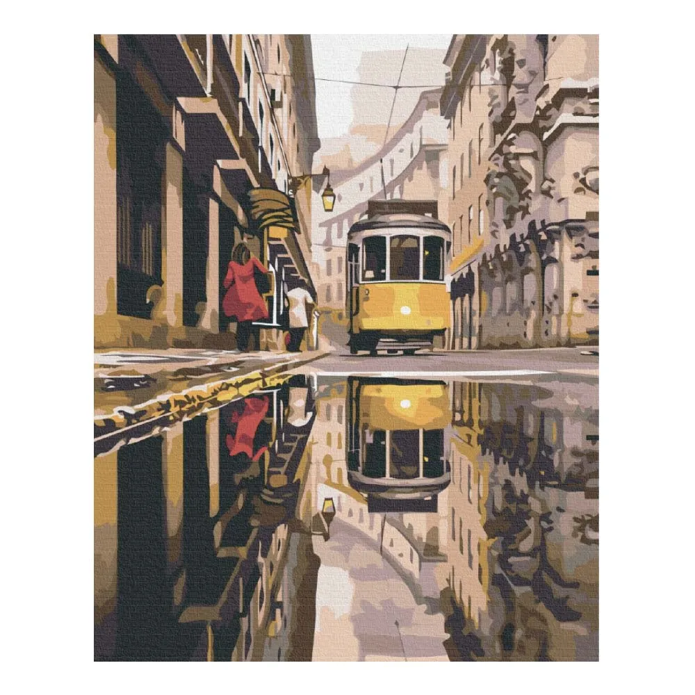 Numeromaalaus keltainen raitiovaunu