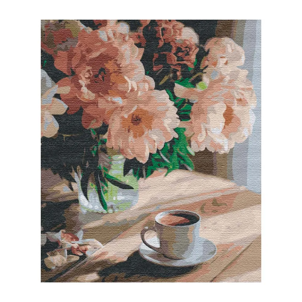 Numeromaalaus kahvi ja kukat pöydällä