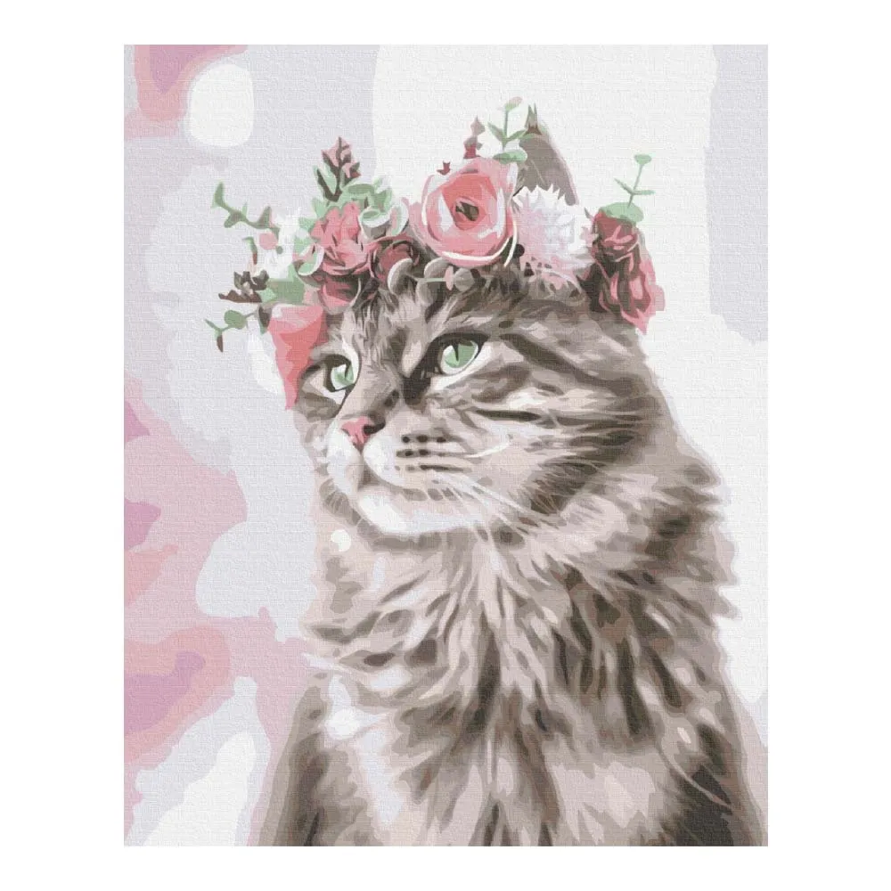 Numeromaalaus kissa ja kukkaseppele