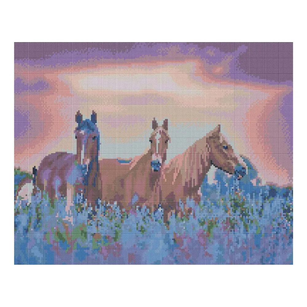 Timanttimaalaus kolme hevosta kukkapellolla