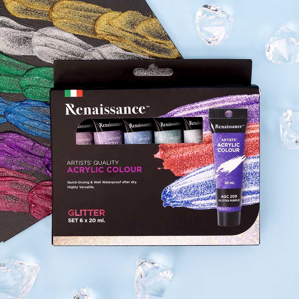 Glitter-akryylivärit kätevissä 20 ml tuubeissa, 6 eri väriä.
