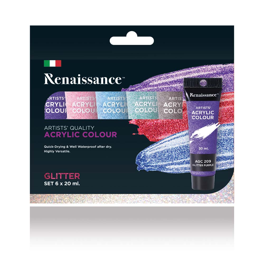 Glitter-akryylivärit kätevissä 20 ml tuubeissa, 6 eri väriä.