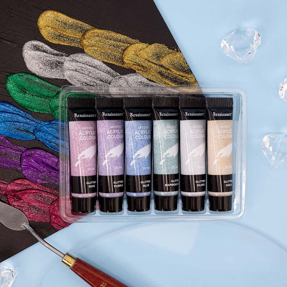 Akryylimaalisetti sisältää 6 eri sävyistä akryyliväriä: Glitter Rose, Glitter Purple, Glitter Blue, Glitter Bamboo Green, Glitter Silver, Glitter Gold.